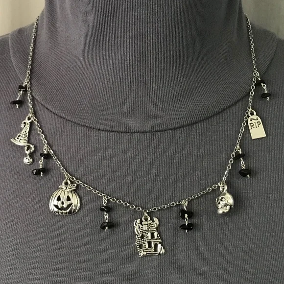 “All Hallows Eve" Handmade Silver Halloween Charm Necklace Haunted House Pumpkin - Picture 2 of 15